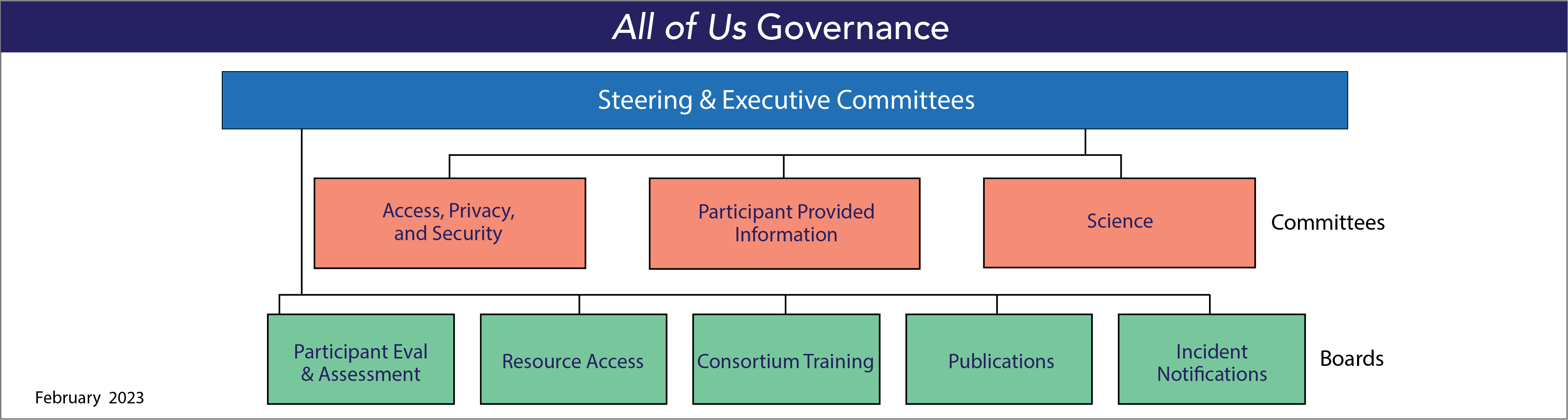 An organizational chart of the governance structure of the All of Us Research Program. All committees and board report to the Steering and Executive Committees. The org chart displays three committees on the first tier below the Steering and Executive Committees: Access, Privacy, and Security; Participant Provided Information; and Science. On the next tier down are five boards: Participant Evaluation and Assessment, Resource Access, Consortium Training, Publications, and Incident Notifications.